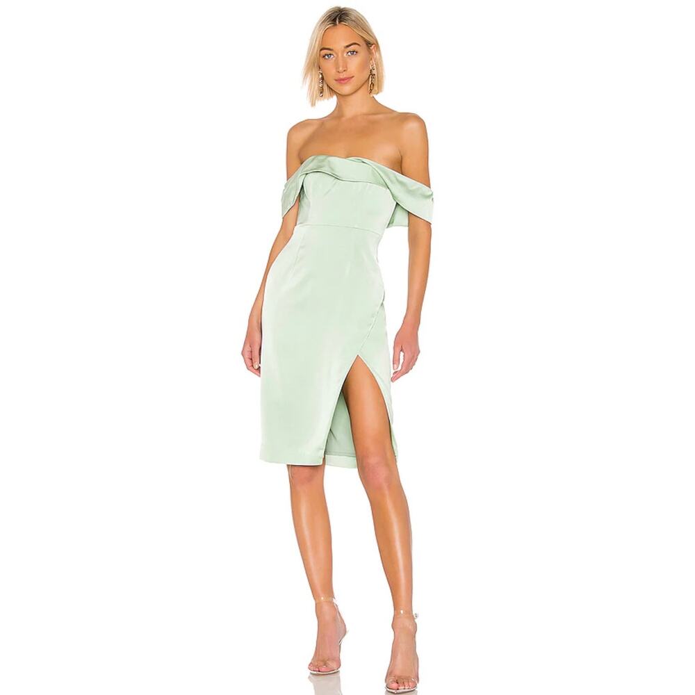 NBD Revolve Mint Green off The Shoulder Midi Dress Size M Front Slit New w/ Tag